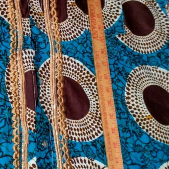 Handmade African Print Shirt Men XL Blue Tribal Mandala Fruit Snap Embroidered - Picture 6 of 16